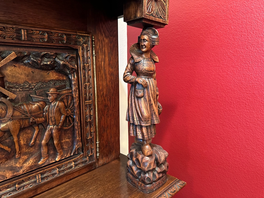 Stunning Antique Hand Relief Carved French Brittany Breton Back Bar Cabinet 2-Piece Cupboard Buffet Depicting Scenes From Apple Harvest To Apple Pressing To Celebration Heirloom Piece [Photo 19]
