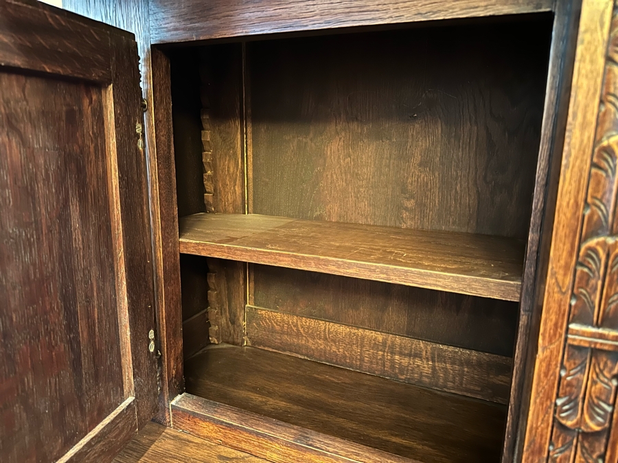 Stunning Antique Hand Relief Carved French Brittany Breton Back Bar Cabinet 2-Piece Cupboard Buffet Depicting Scenes From Apple Harvest To Apple Pressing To Celebration Heirloom Piece [Photo 12]