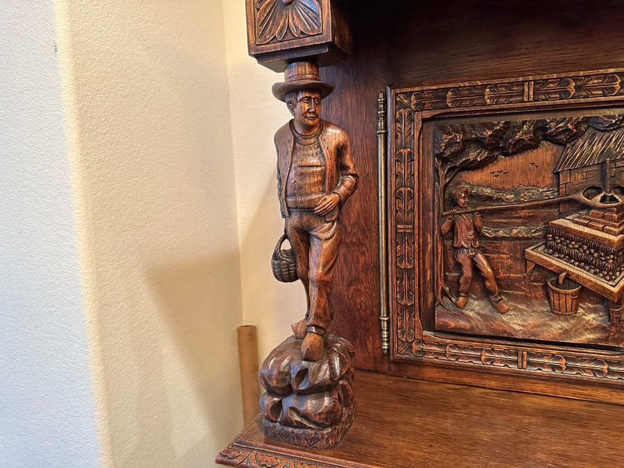 Stunning Antique Hand Relief Carved French Brittany Breton Back Bar Cabinet 2-Piece Cupboard Buffet Depicting Scenes From Apple Harvest To Apple Pressing To Celebration Heirloom Piece [Photo 21]