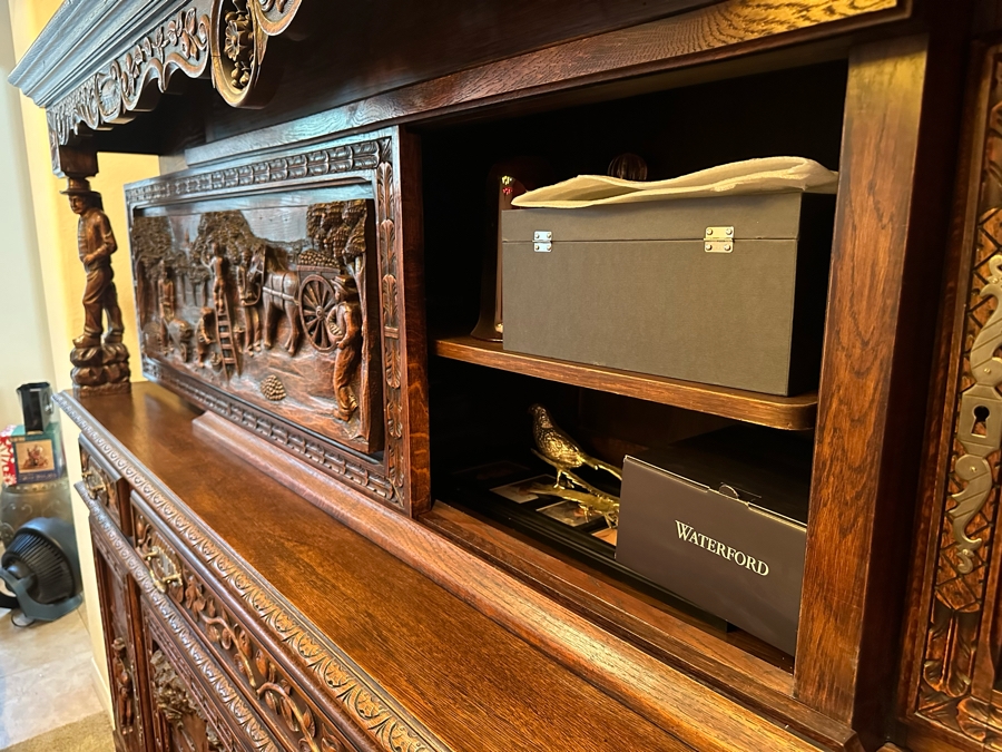 Stunning Antique Hand Relief Carved French Brittany Breton Back Bar Cabinet 2-Piece Cupboard Buffet Depicting Scenes From Apple Harvest To Apple Pressing To Celebration Heirloom Piece [Photo 10]