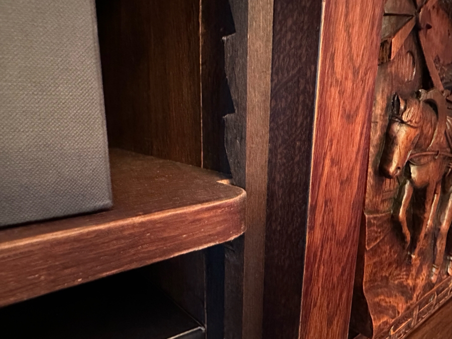 Stunning Antique Hand Relief Carved French Brittany Breton Back Bar Cabinet 2-Piece Cupboard Buffet Depicting Scenes From Apple Harvest To Apple Pressing To Celebration Heirloom Piece [Photo 11]