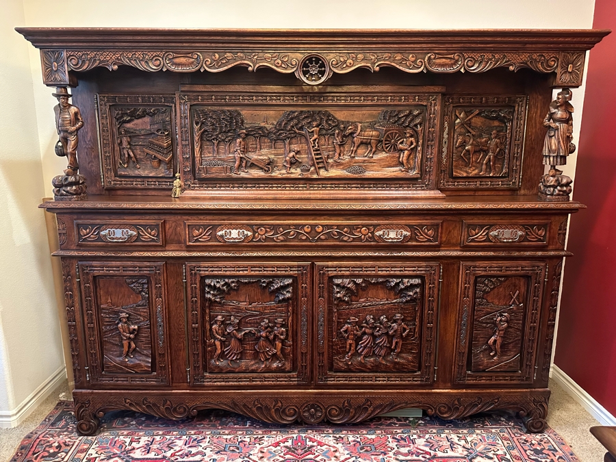 Stunning Antique Hand Relief Carved French Brittany Breton Back Bar Cabinet 2-Piece Cupboard Buffet Depicting Scenes From Apple Harvest To Apple Pressing To Celebration Heirloom Piece