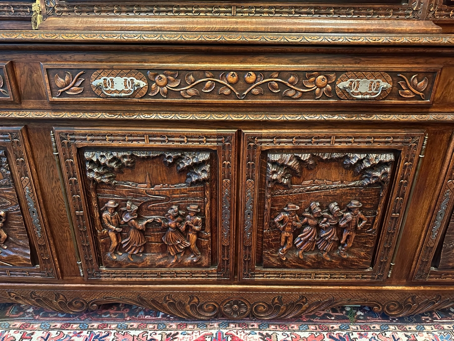 Stunning Antique Hand Relief Carved French Brittany Breton Back Bar Cabinet 2-Piece Cupboard Buffet Depicting Scenes From Apple Harvest To Apple Pressing To Celebration Heirloom Piece [Photo 3]