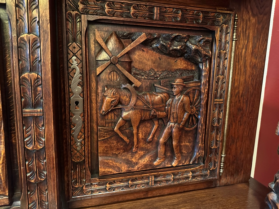 Stunning Antique Hand Relief Carved French Brittany Breton Back Bar Cabinet 2-Piece Cupboard Buffet Depicting Scenes From Apple Harvest To Apple Pressing To Celebration Heirloom Piece [Photo 15]