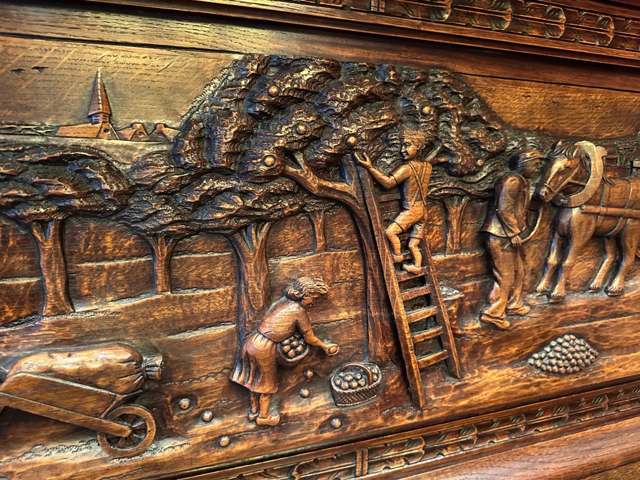 Stunning Antique Hand Relief Carved French Brittany Breton Back Bar Cabinet 2-Piece Cupboard Buffet Depicting Scenes From Apple Harvest To Apple Pressing To Celebration Heirloom Piece [Photo 7]