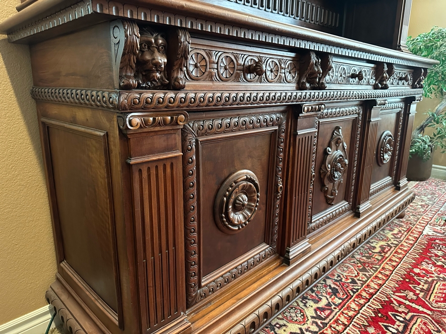 Impressive Antique Hand Carved Sideboard Or BackBar Cabinet 84W X 23.5D X 85.5H [Photo 9]