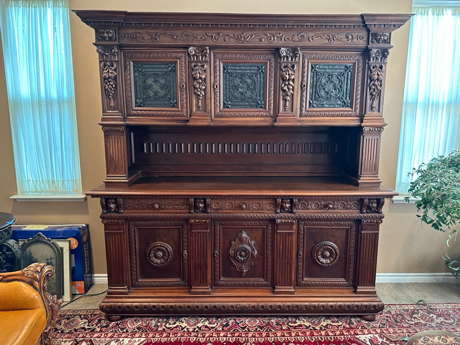 Impressive Antique Hand Carved Sideboard Or BackBar Cabinet 84W X 23.5D X 85.5H [Photo 5]