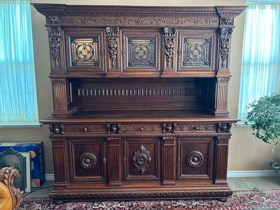 Impressive Antique Hand Carved Sideboard Or BackBar Cabinet 84W X 23.5D X 85.5H [Photo 3]