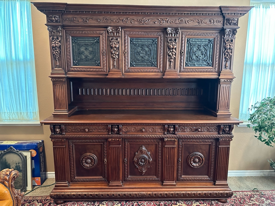 Impressive Antique Hand Carved Sideboard Or BackBar Cabinet 84W X 23.5D X 85.5H [Photo 4]