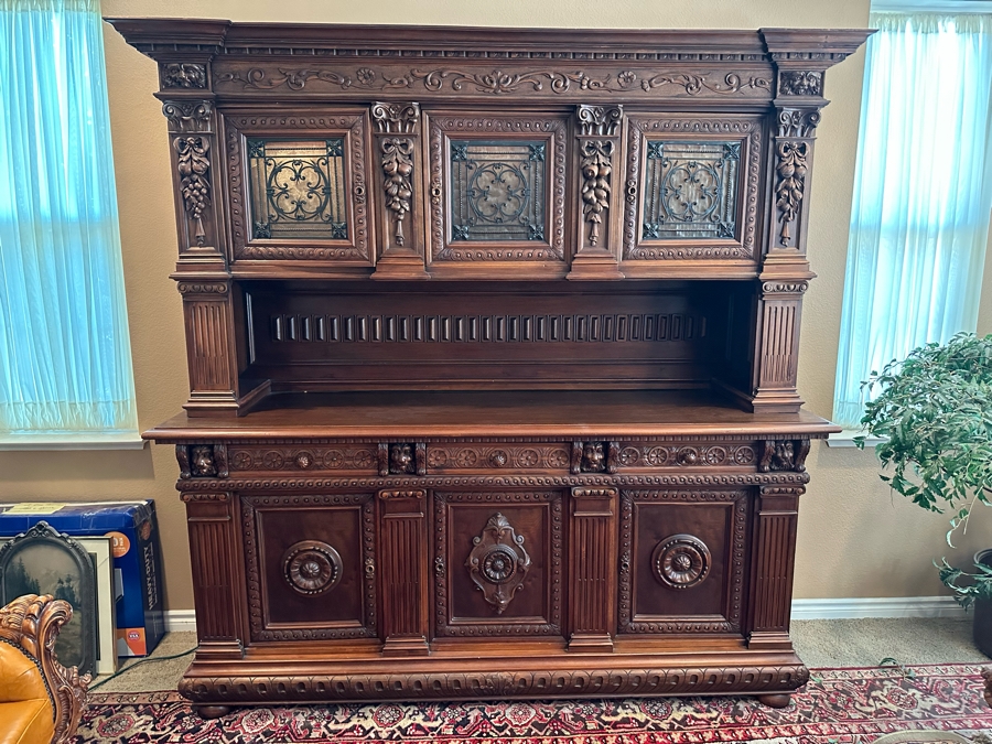 Impressive Antique Hand Carved Sideboard Or BackBar Cabinet 84W X 23.5D X 85.5H [Photo 2]