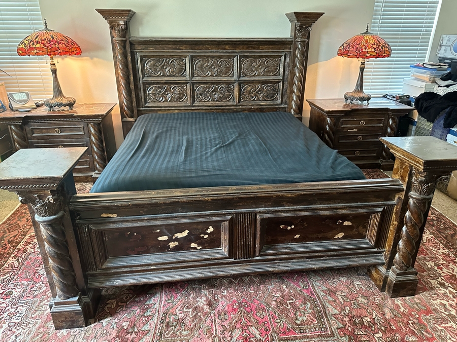 Large Distressed Custom Cal-King Bed 93W X 106D With Matching Nightstands With Marble Tops 41W X 25.5D X 31H [Photo 5]