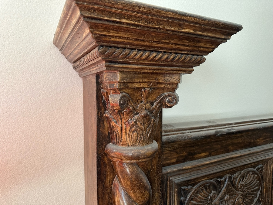 Large Distressed Custom Cal-King Bed 93W X 106D With Matching Nightstands With Marble Tops 41W X 25.5D X 31H [Photo 19]