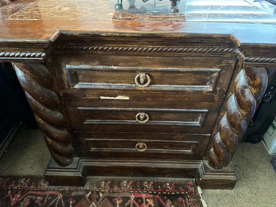 Large Distressed Custom Cal-King Bed 93W X 106D With Matching Nightstands With Marble Tops 41W X 25.5D X 31H [Photo 12]