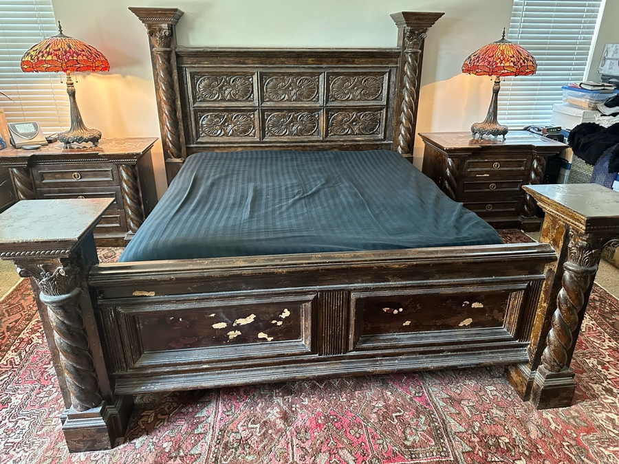 Large Distressed Custom Cal-King Bed 93W X 106D With Matching Nightstands With Marble Tops 41W X 25.5D X 31H