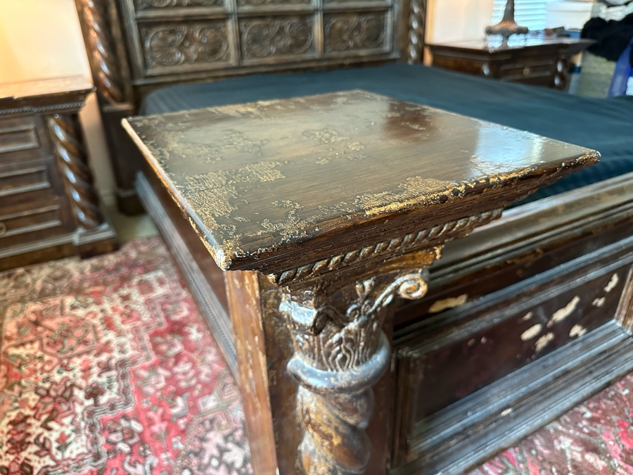 Large Distressed Custom Cal-King Bed 93W X 106D With Matching Nightstands With Marble Tops 41W X 25.5D X 31H [Photo 7]