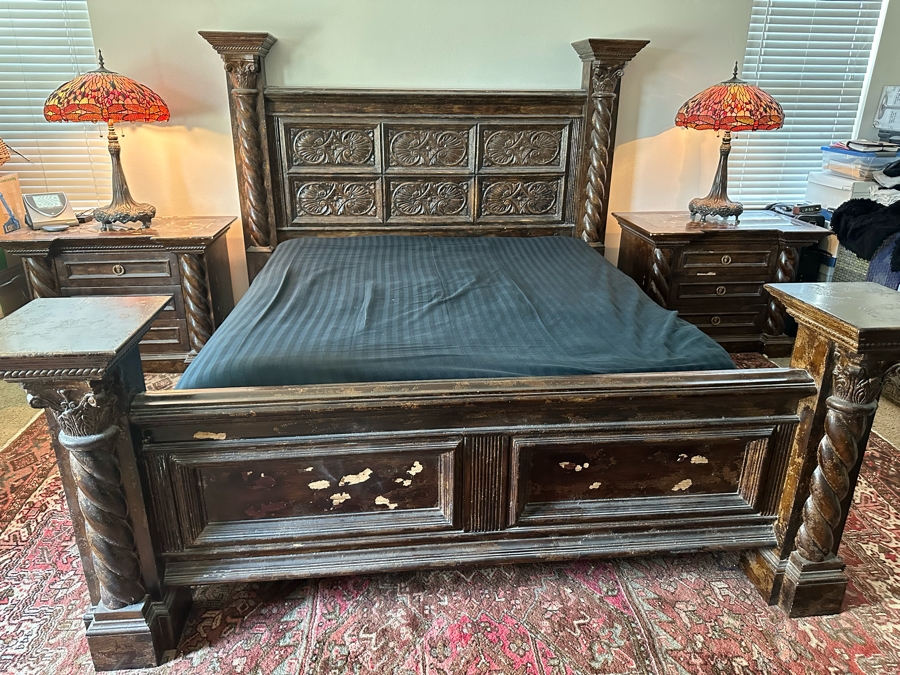 Large Distressed Custom Cal-King Bed 93W X 106D With Matching Nightstands With Marble Tops 41W X 25.5D X 31H [Photo 4]