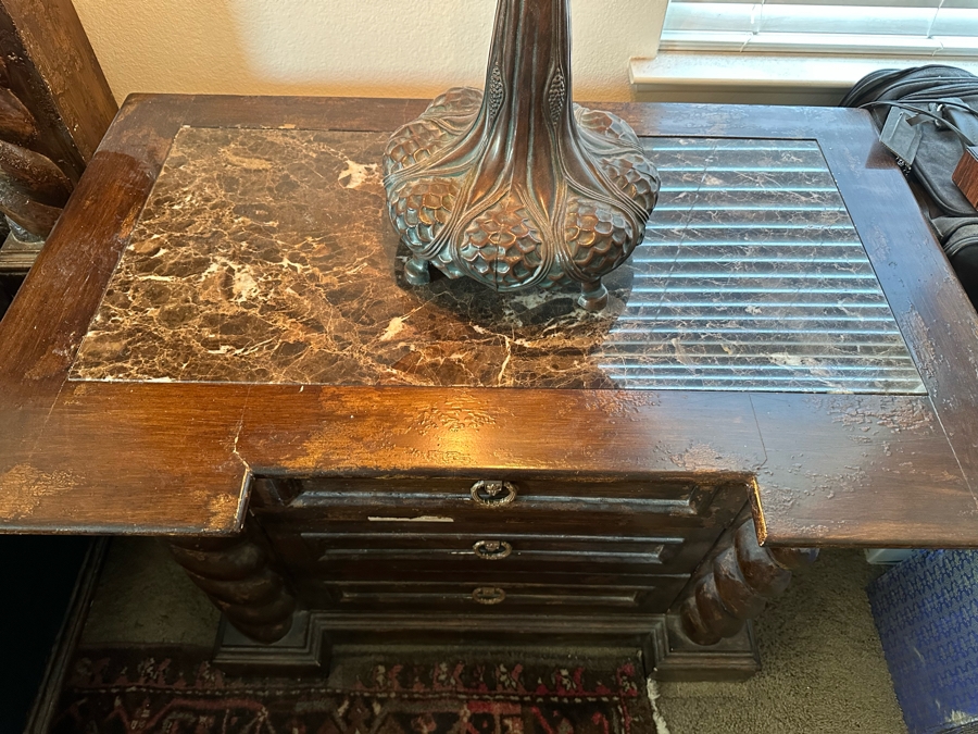 Large Distressed Custom Cal-King Bed 93W X 106D With Matching Nightstands With Marble Tops 41W X 25.5D X 31H [Photo 11]