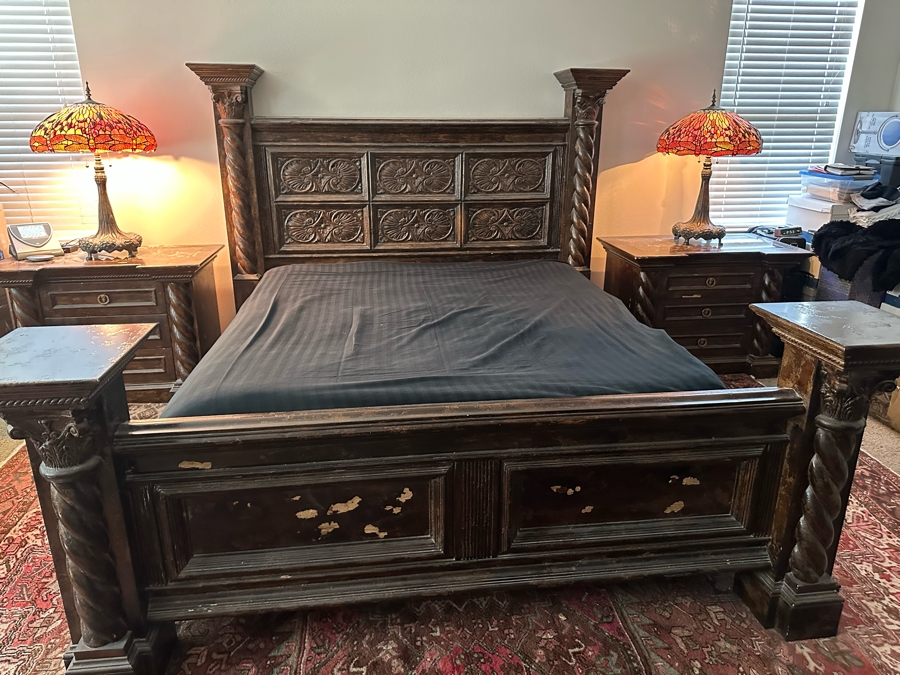 Large Distressed Custom Cal-King Bed 93W X 106D With Matching Nightstands With Marble Tops 41W X 25.5D X 31H [Photo 3]