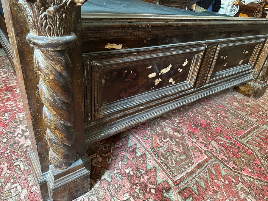 Large Distressed Custom Cal-King Bed 93W X 106D With Matching Nightstands With Marble Tops 41W X 25.5D X 31H [Photo 8]