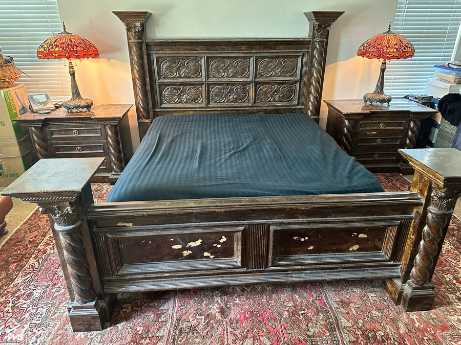 Large Distressed Custom Cal-King Bed 93W X 106D With Matching Nightstands With Marble Tops 41W X 25.5D X 31H [Photo 6]