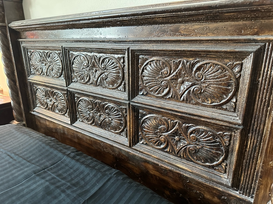 Large Distressed Custom Cal-King Bed 93W X 106D With Matching Nightstands With Marble Tops 41W X 25.5D X 31H [Photo 13]