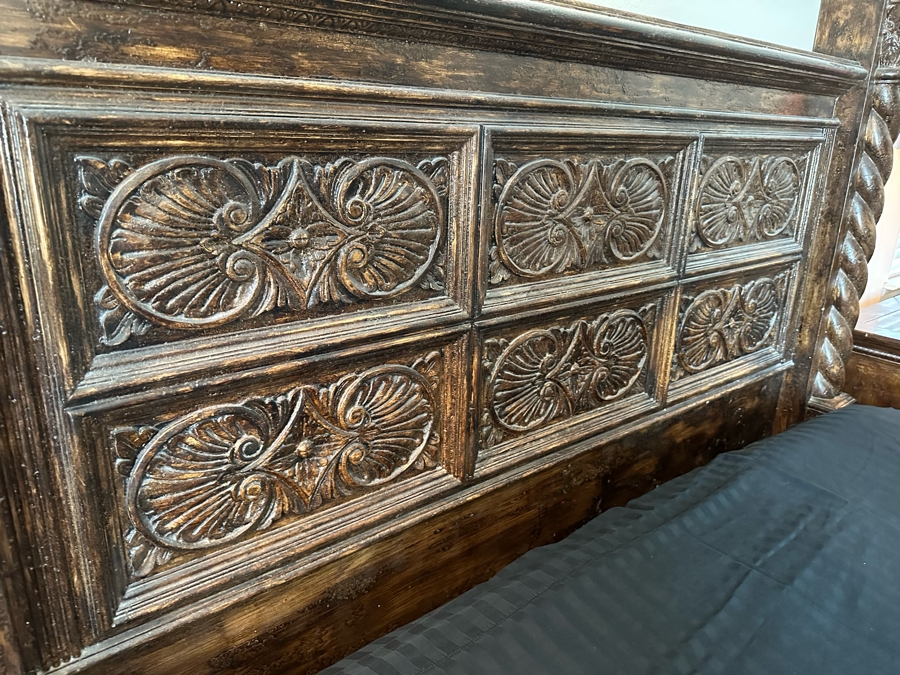 Large Distressed Custom Cal-King Bed 93W X 106D With Matching Nightstands With Marble Tops 41W X 25.5D X 31H [Photo 20]