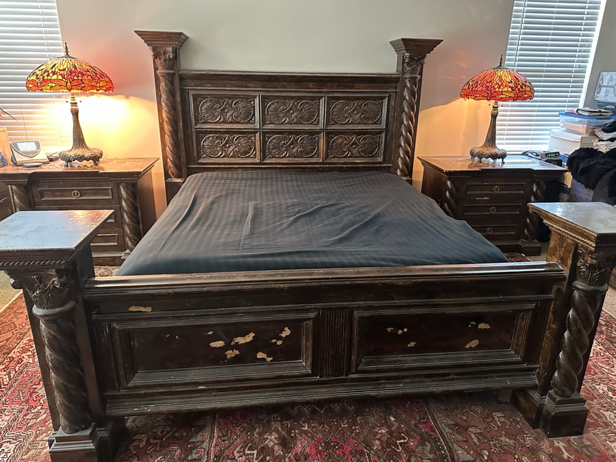 Large Distressed Custom Cal-King Bed 93W X 106D With Matching Nightstands With Marble Tops 41W X 25.5D X 31H [Photo 2]