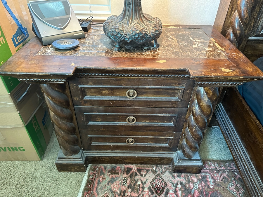 Large Distressed Custom Cal-King Bed 93W X 106D With Matching Nightstands With Marble Tops 41W X 25.5D X 31H [Photo 14]