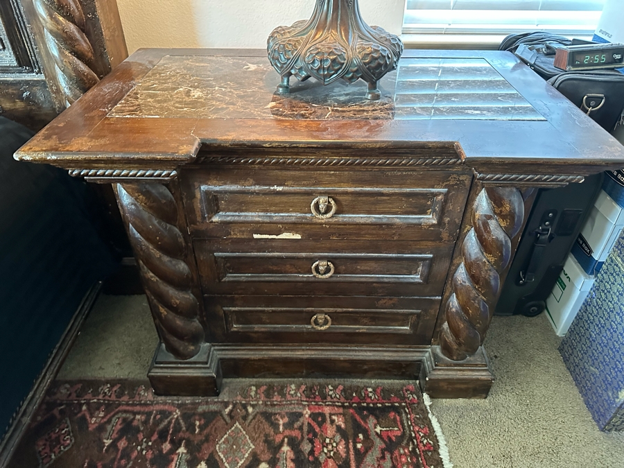 Large Distressed Custom Cal-King Bed 93W X 106D With Matching Nightstands With Marble Tops 41W X 25.5D X 31H [Photo 10]