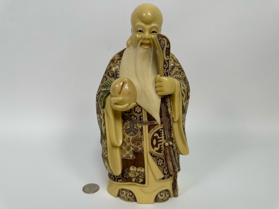 Vintage Chinese Resin Statue Of Shou Lao Longevity Figurine Signed On Bottom 10H [Photo 2]