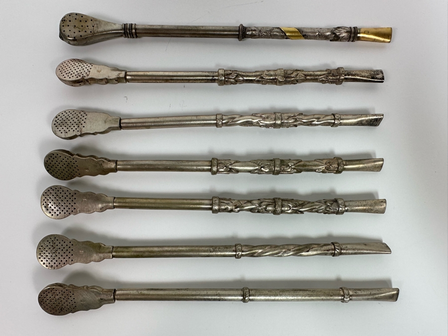 Seven 800 Silver Vintage Straws One On Top With 14K Gold Ornamentation 203g [Photo 2]