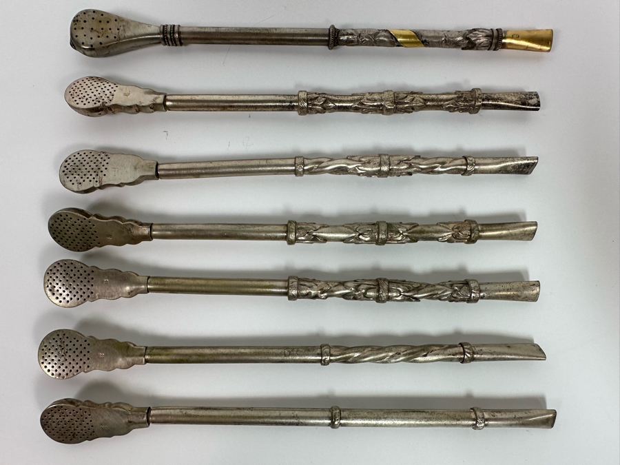 Seven 800 Silver Vintage Straws One On Top With 14K Gold Ornamentation 203g [Photo 3]