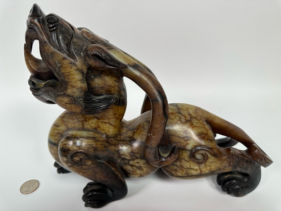 Vintage Chinese Carved Jade Stone Foo Dog 11W X 3.5D X 8.5H [Photo 4]