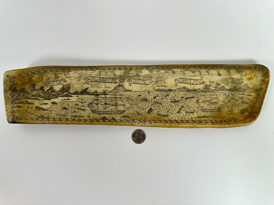 Decorative Faux Scrimshaw Resin Depicting 1842 The Whaler Scene 17W X 2D X 4.5H [Photo 2]