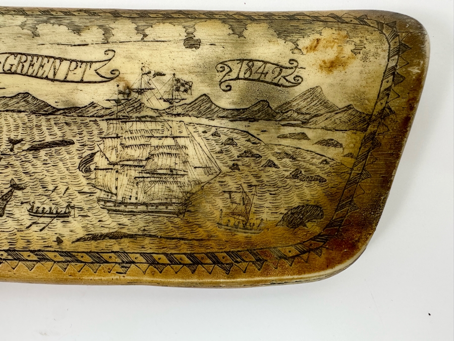 Decorative Faux Scrimshaw Resin Depicting 1842 The Whaler Scene 17W X 2D X 4.5H [Photo 9]