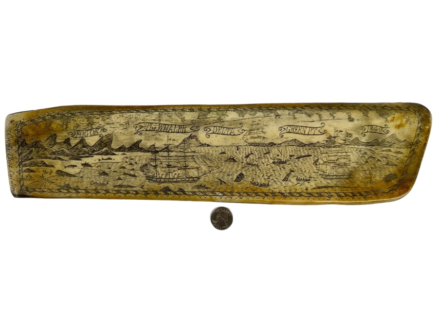 Decorative Faux Scrimshaw Resin Depicting 1842 The Whaler Scene 17W X 2D X 4.5H [Photo 1]