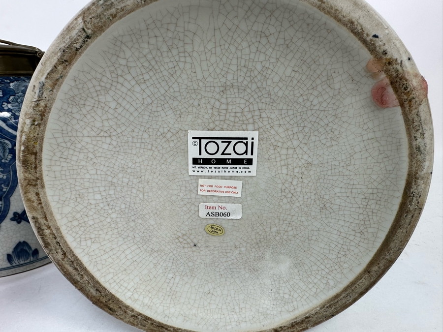 Pair Of Decorative Chinese Porcelain Jars With Brass Lids By Tozai Home 15H And 10H [Photo 16]