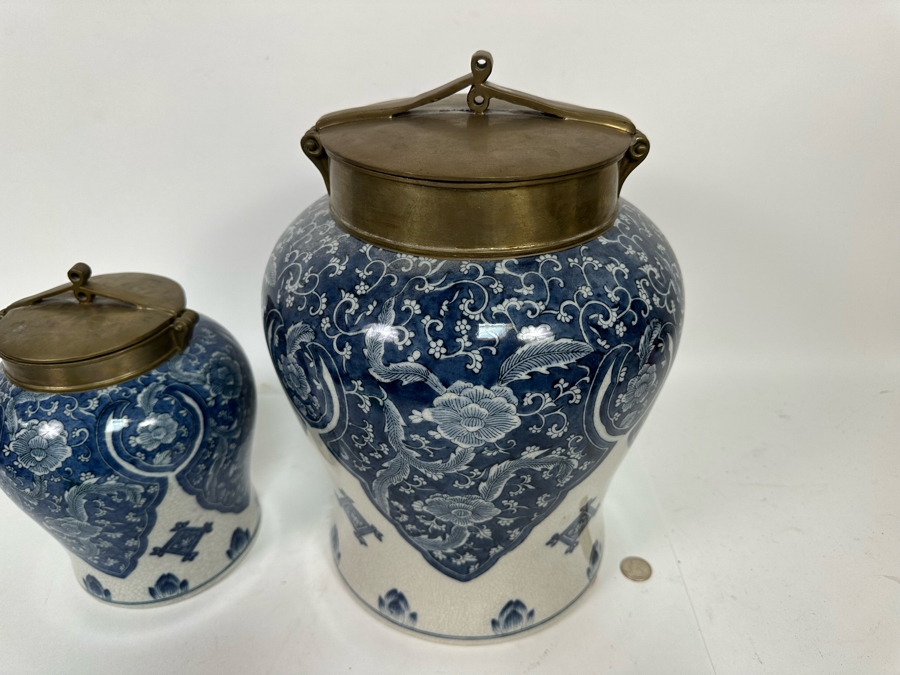 Pair Of Decorative Chinese Porcelain Jars With Brass Lids By Tozai Home 15H And 10H [Photo 12]