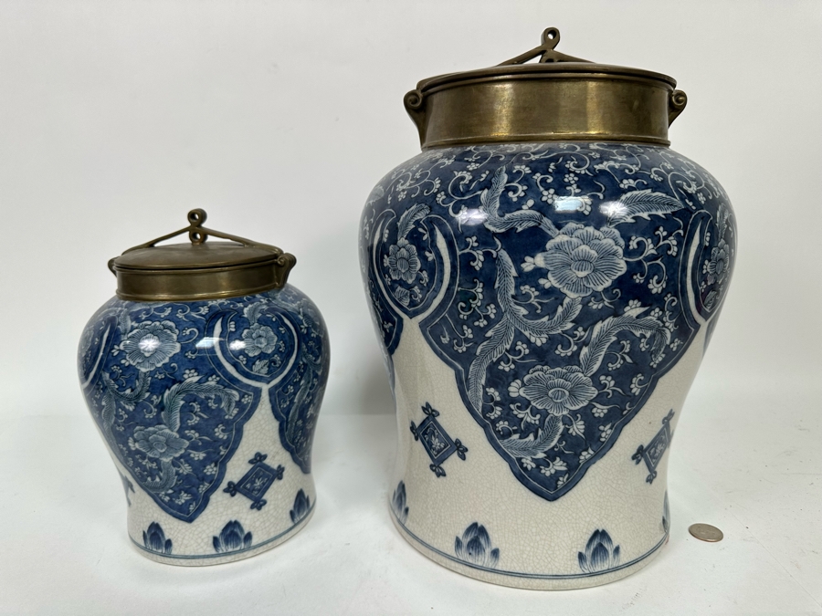 Pair Of Decorative Chinese Porcelain Jars With Brass Lids By Tozai Home 15H And 10H [Photo 9]