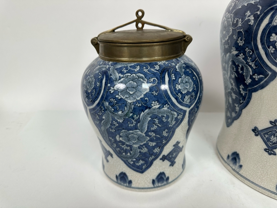 Pair Of Decorative Chinese Porcelain Jars With Brass Lids By Tozai Home 15H And 10H [Photo 13]