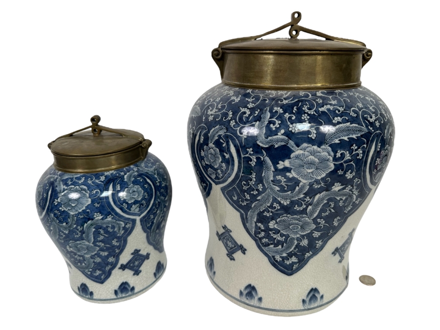 Pair Of Decorative Chinese Porcelain Jars With Brass Lids By Tozai Home 15H And 10H [Photo 1]