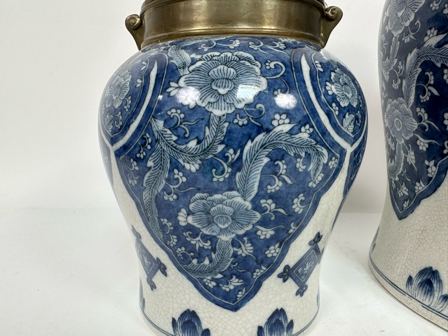 Pair Of Decorative Chinese Porcelain Jars With Brass Lids By Tozai Home 15H And 10H [Photo 14]