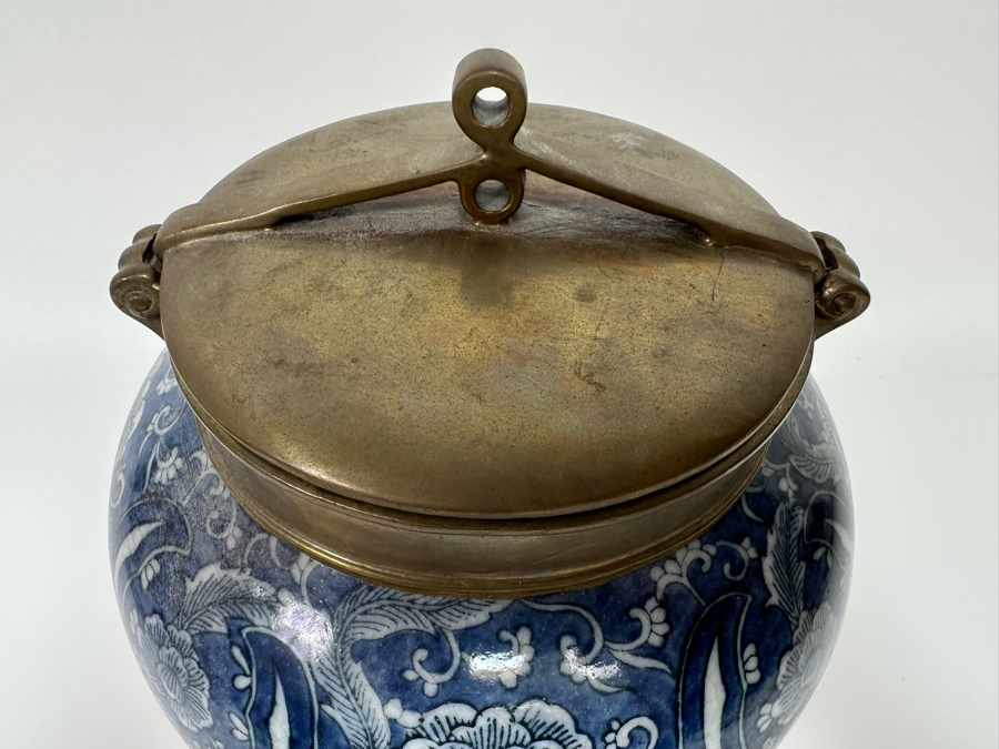 Pair Of Decorative Chinese Porcelain Jars With Brass Lids By Tozai Home 15H And 10H [Photo 3]