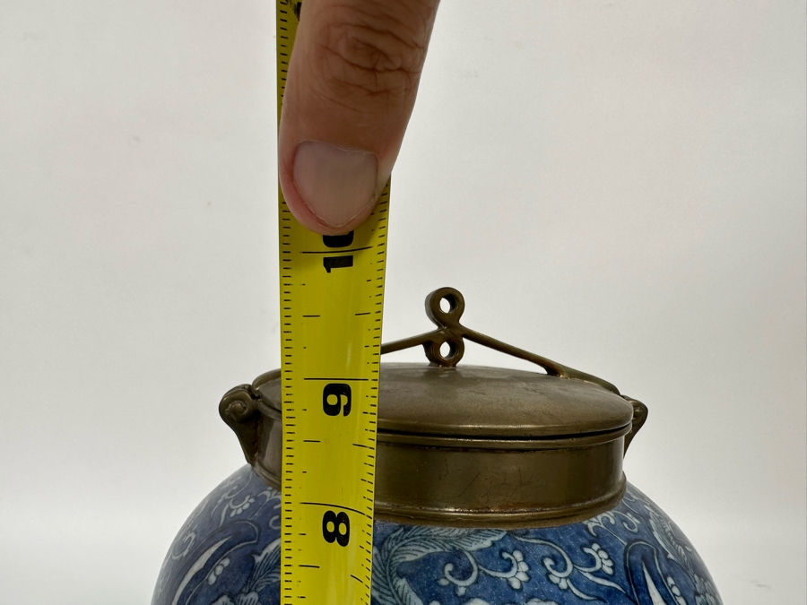 Pair Of Decorative Chinese Porcelain Jars With Brass Lids By Tozai Home 15H And 10H [Photo 8]