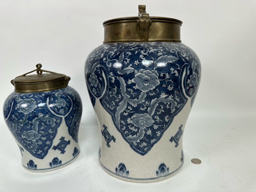 Pair Of Decorative Chinese Porcelain Jars With Brass Lids By Tozai Home 15H And 10H [Photo 15]