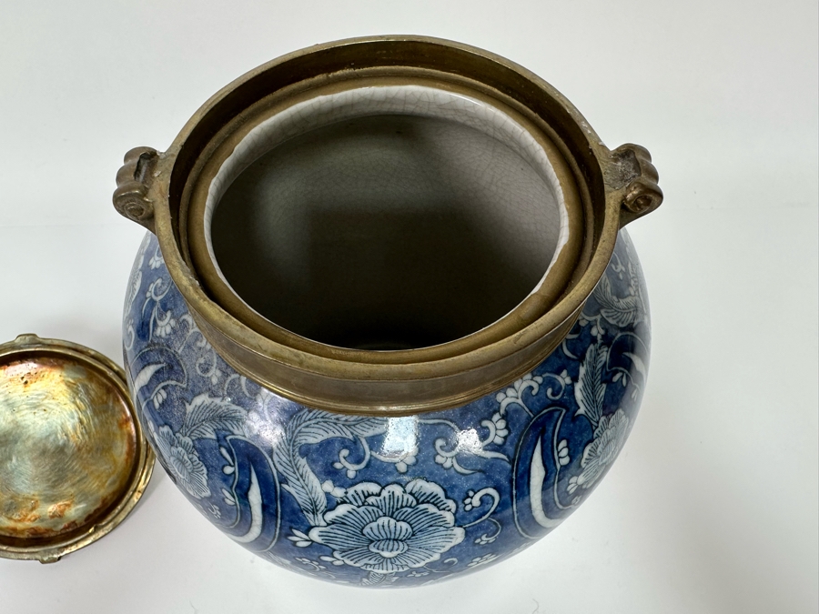 Pair Of Decorative Chinese Porcelain Jars With Brass Lids By Tozai Home 15H And 10H [Photo 5]