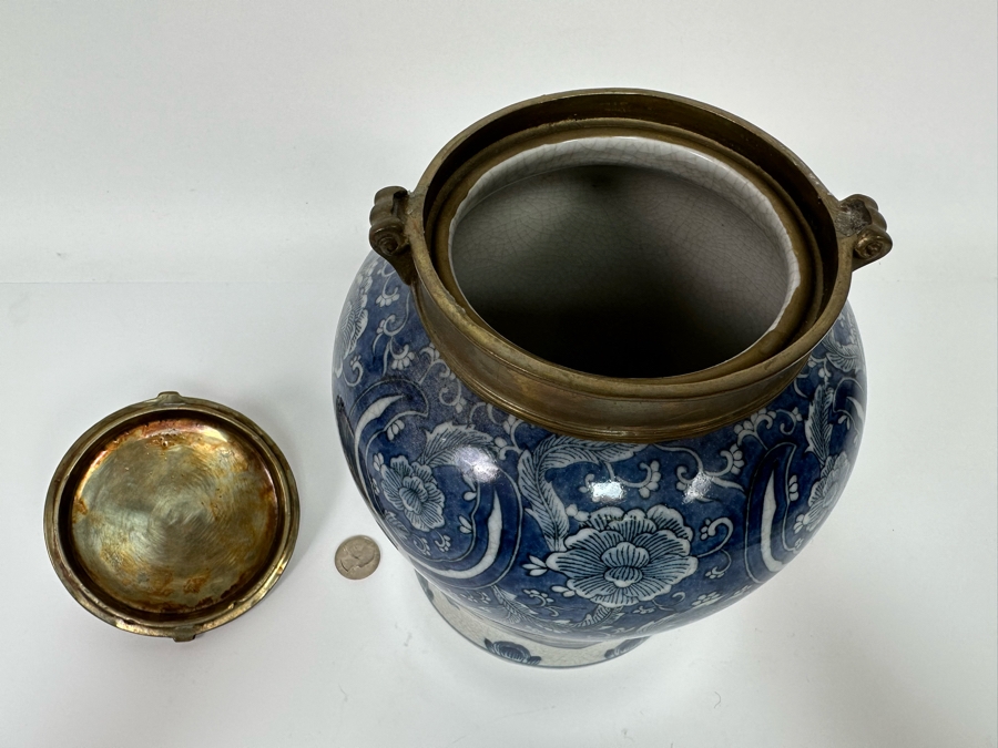 Pair Of Decorative Chinese Porcelain Jars With Brass Lids By Tozai Home 15H And 10H [Photo 4]