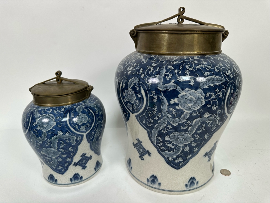 Pair Of Decorative Chinese Porcelain Jars With Brass Lids By Tozai Home 15H And 10H [Photo 10]