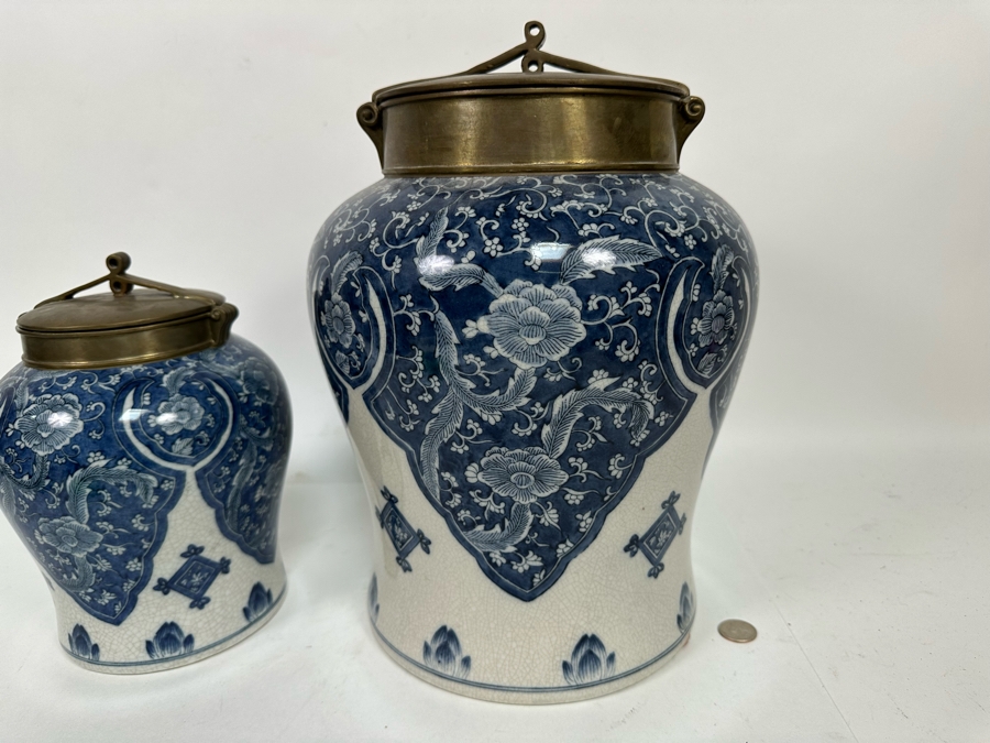 Pair Of Decorative Chinese Porcelain Jars With Brass Lids By Tozai Home 15H And 10H [Photo 11]