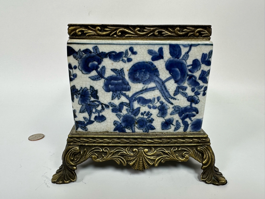 Decorative Chinese Porcelain Blue & White Planter With Metal Footed Base And Rim 9.5W X 7.5D X 6H [Photo 5]